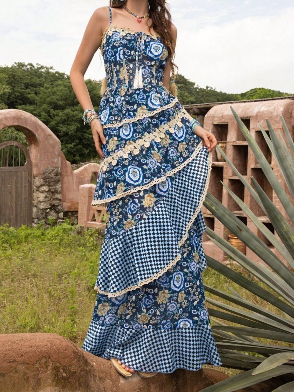 Blue Bohemian Casual Women's Elegant Chiffon Dress with Lace Tassel Tiered Hem - Picture 3 of 11